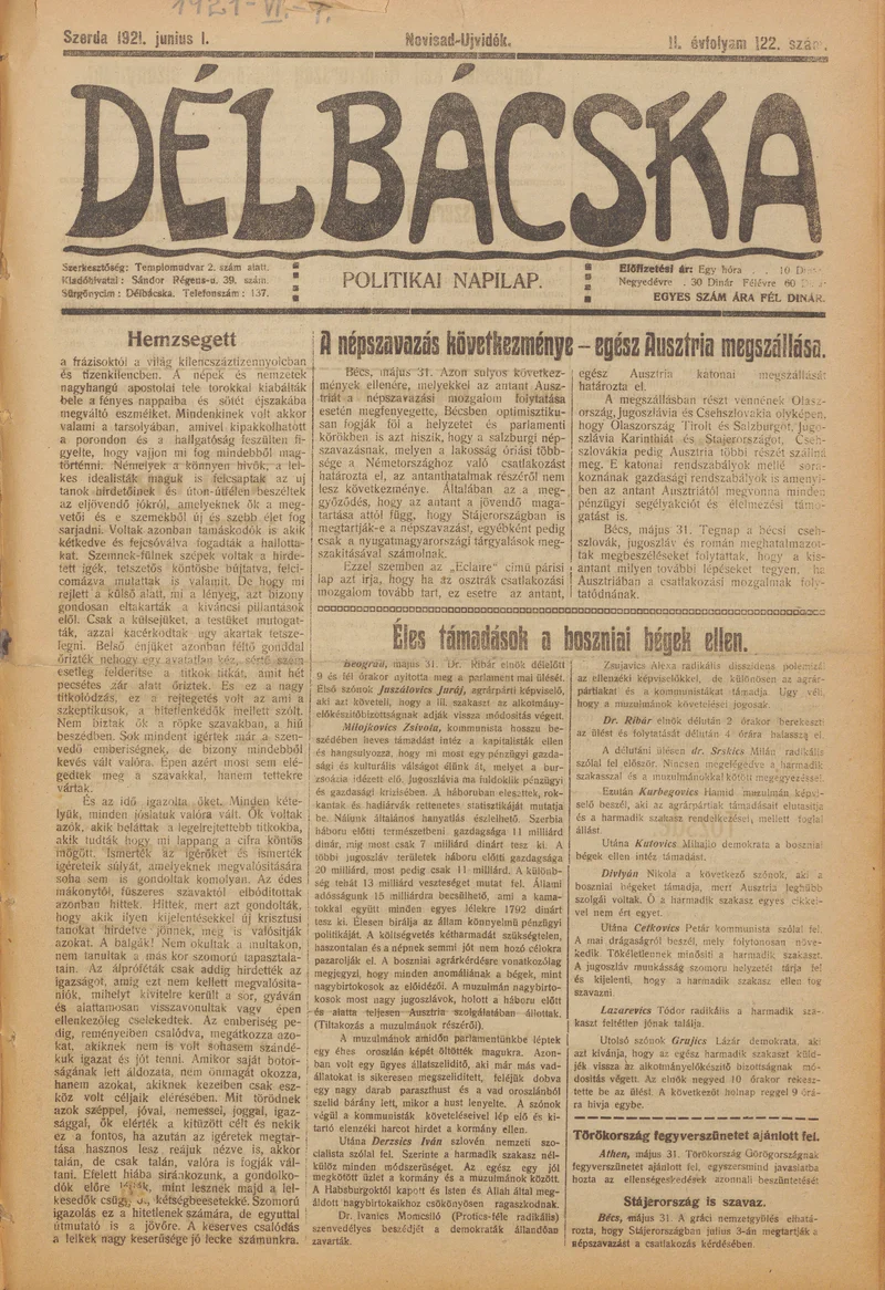Délbácska, 2. évf. 1921. június 1. 122. sz.