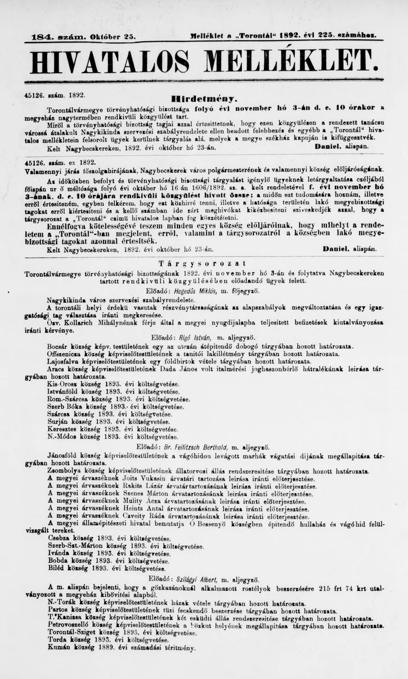 A Totontál  hivatalos melléklete, 5. évf. 1892. október 25. 184. sz.