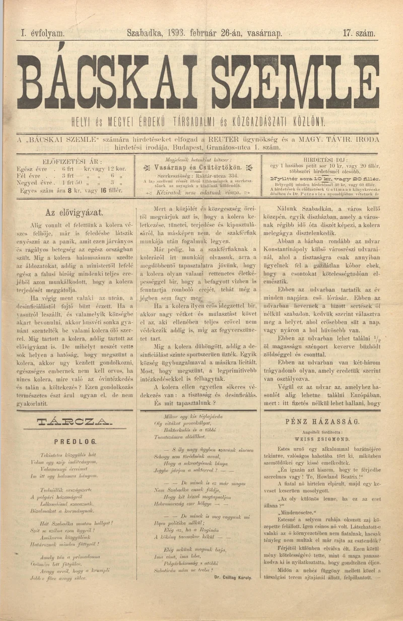 Bácskai Szemle, 1. évf. 1893. február 26. 17. sz.