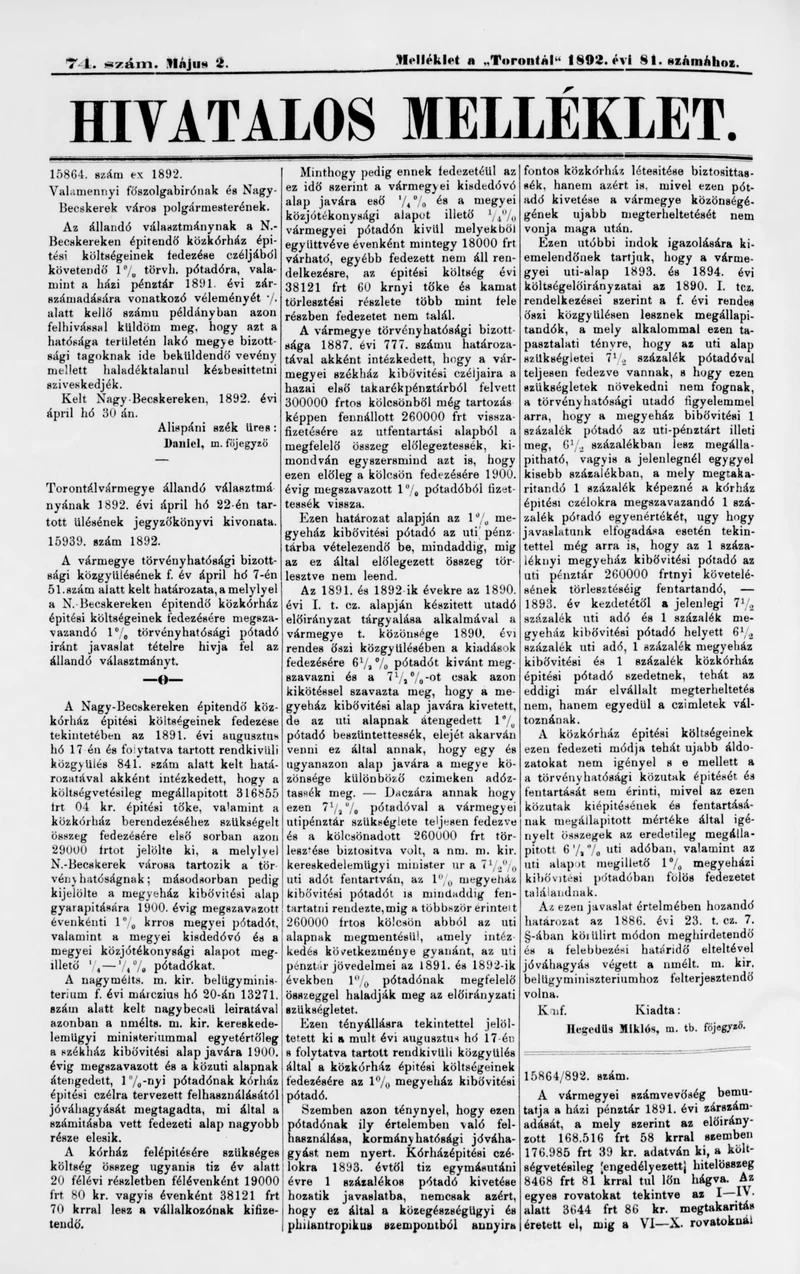 A Totontál  hivatalos melléklete, 5. évf. 1892. május 2. 74. sz.