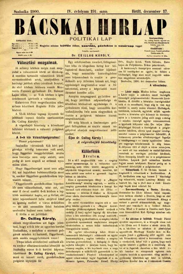 Bácskai Hirlap, 4. évf. 1900. december 17. 191. sz.