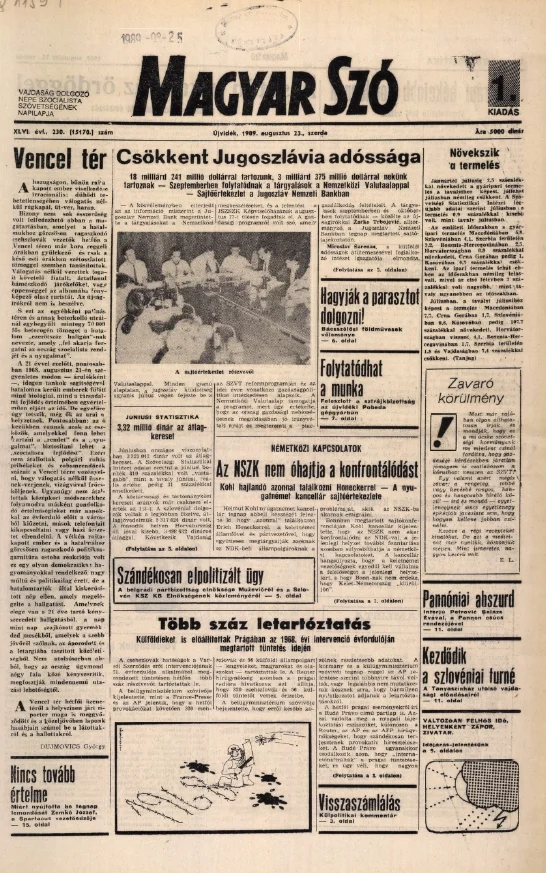 Magyar Szó, 46. évf. 1989. augusztus 23. 230. sz. 1–16. oldal