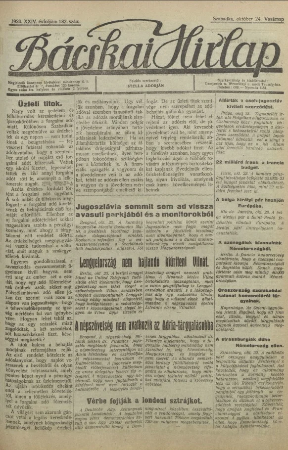 Bácskai Hirlap, 24. évf. 1920. október 24. 182. sz.