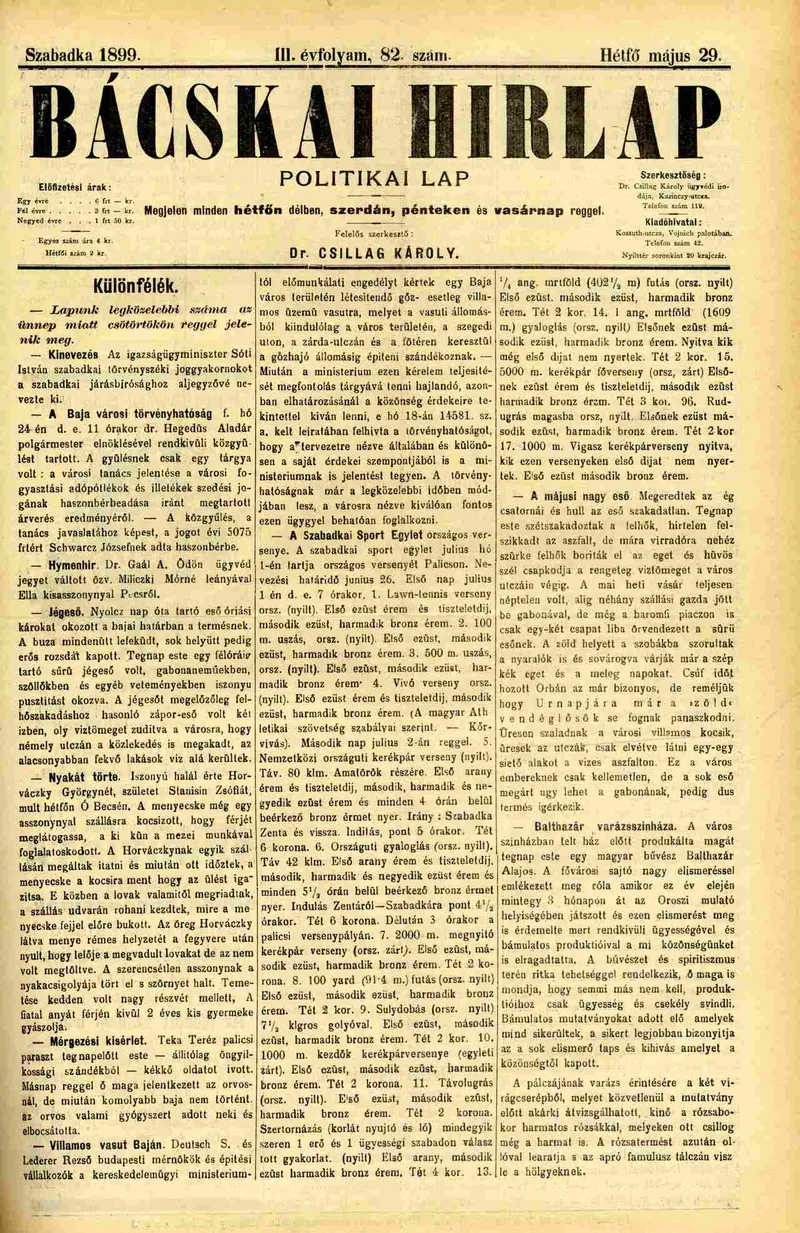 Bácskai Hirlap, 3. évf. 1899. május 29. 82. sz.
