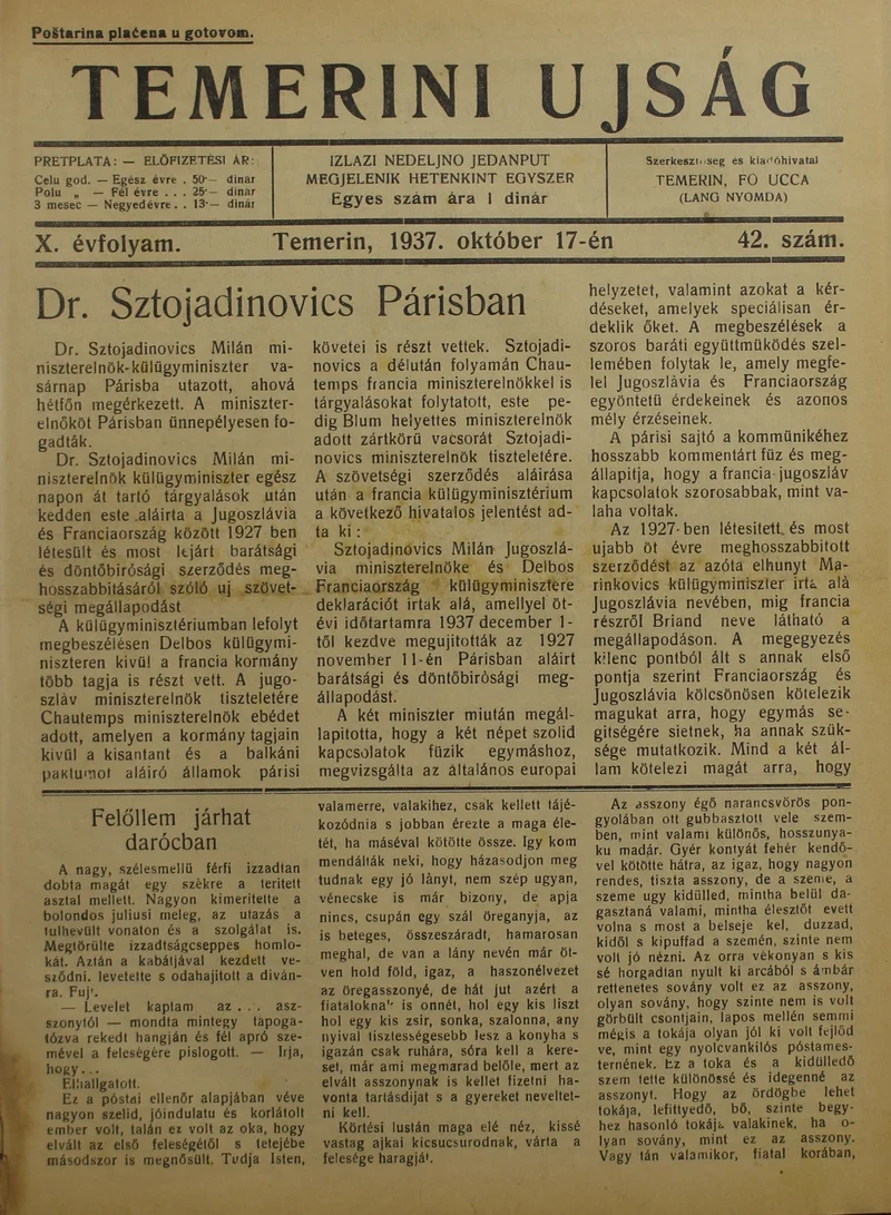 Temerini Újság 1928-1944, 10. évf. 1937. október 17. 42. sz.