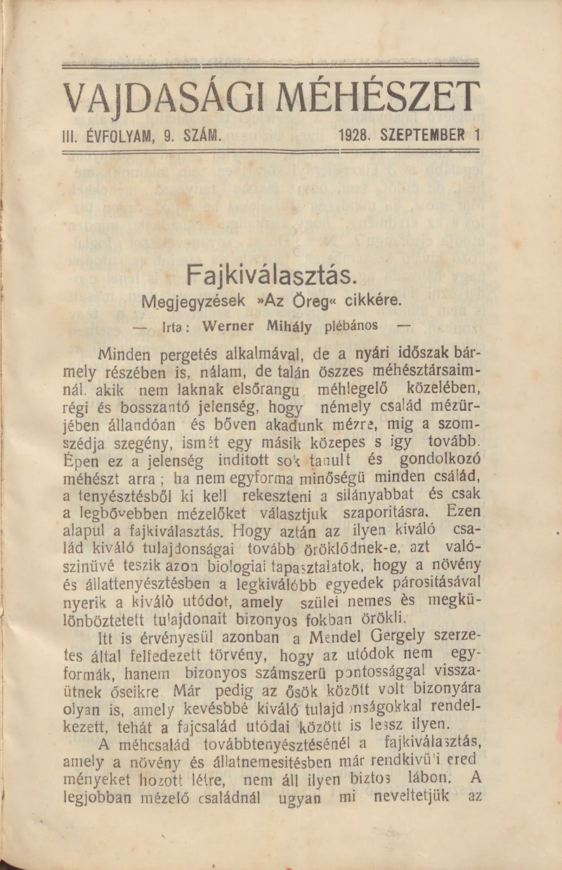 Vajdasági méhészet, 3. évf. 1928. szeptember 1. 9. sz.