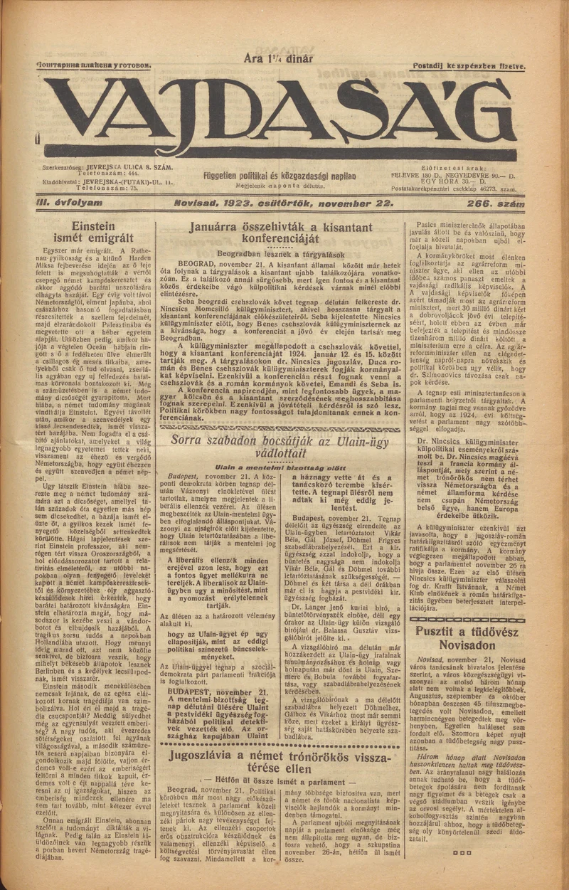 Vajdaság, 3. évf. 1923. november 22. 266. sz.