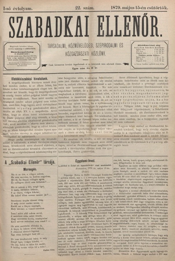 Szabadkai Ellenőr, 1. évf. 1879. május 15. 22. sz.