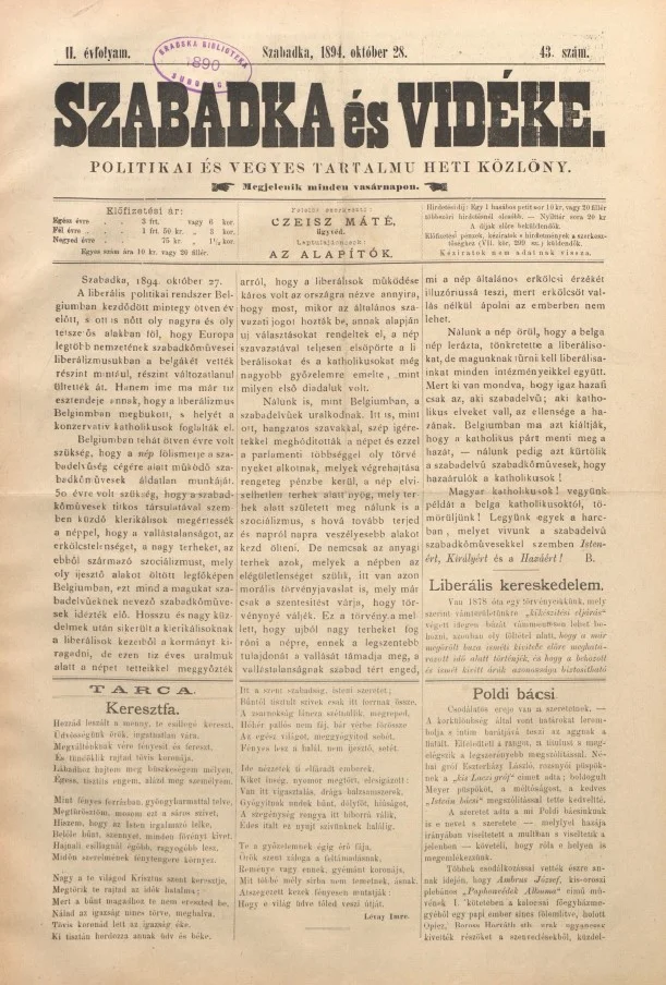 Szabadka és vidéke II, 2. évf. 1894. október 28. 43. sz.