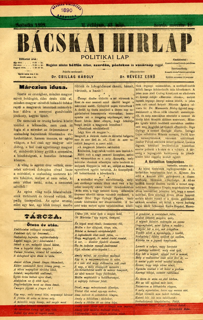 Bácskai Hirlap, 2. évf. 1898. március 16. 43. sz. 1–4. oldal