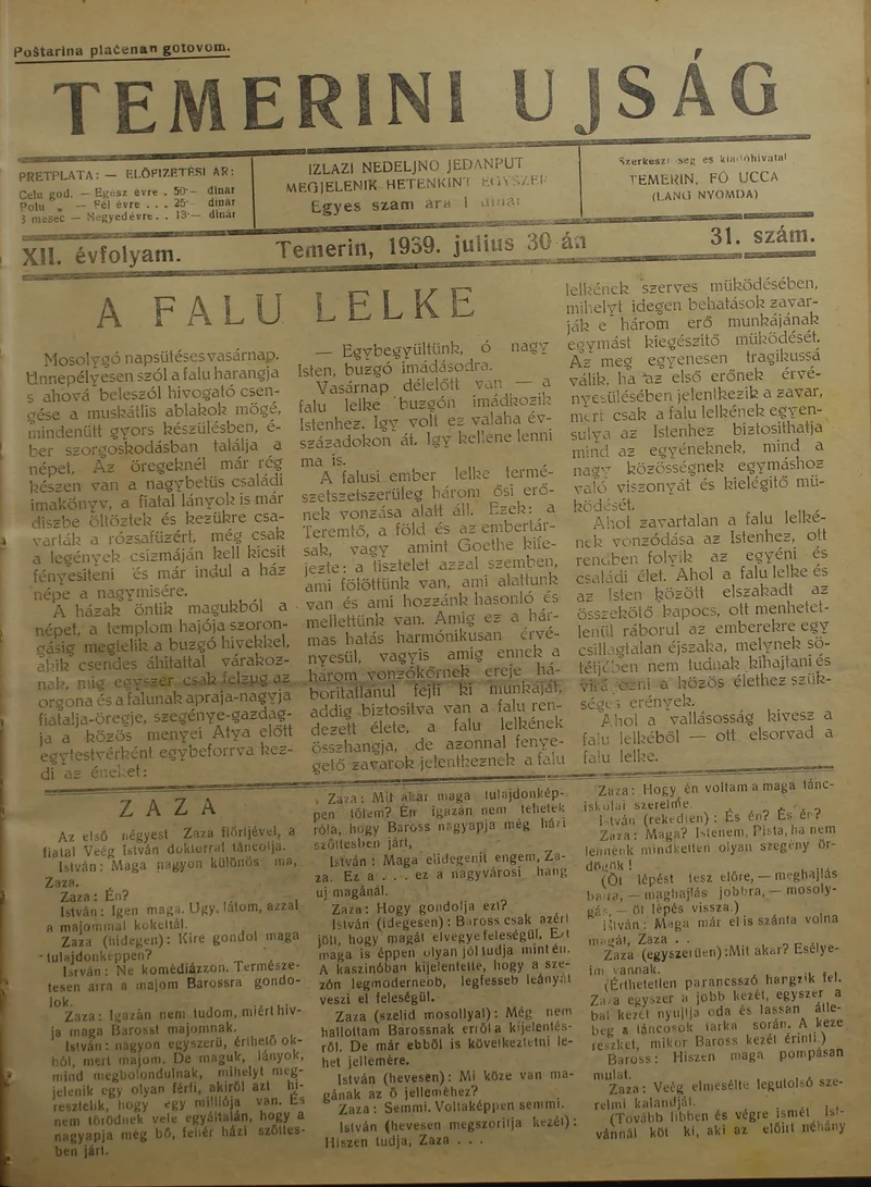 Temerini Újság 1928-1944, 12. évf. 1939. július 30. 31. sz.