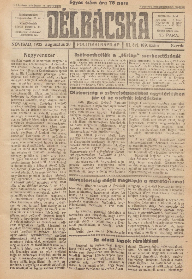 Délbácska, 3. évf. 1922. augusztus 30. 189. sz.