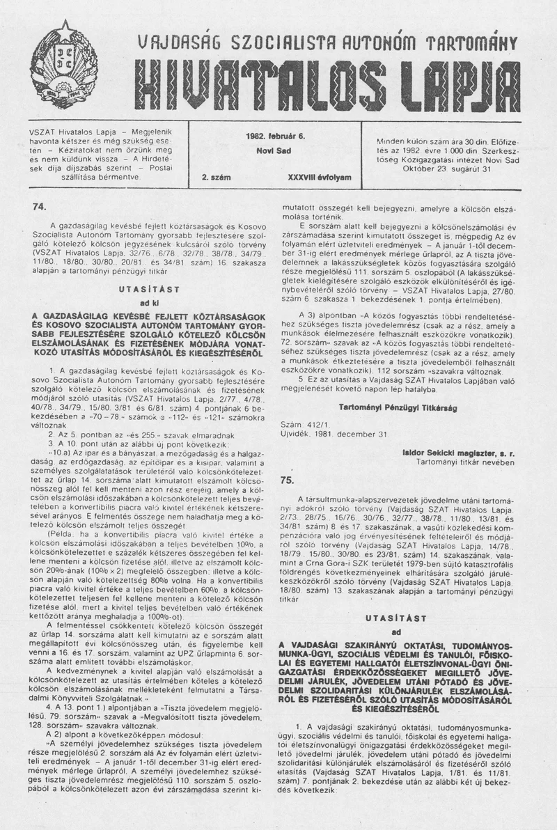 Vajdaság Szocialista Autonóm Tartomány Hivatalos Lapja, 38. évf. 1982. február 6. 2. sz.