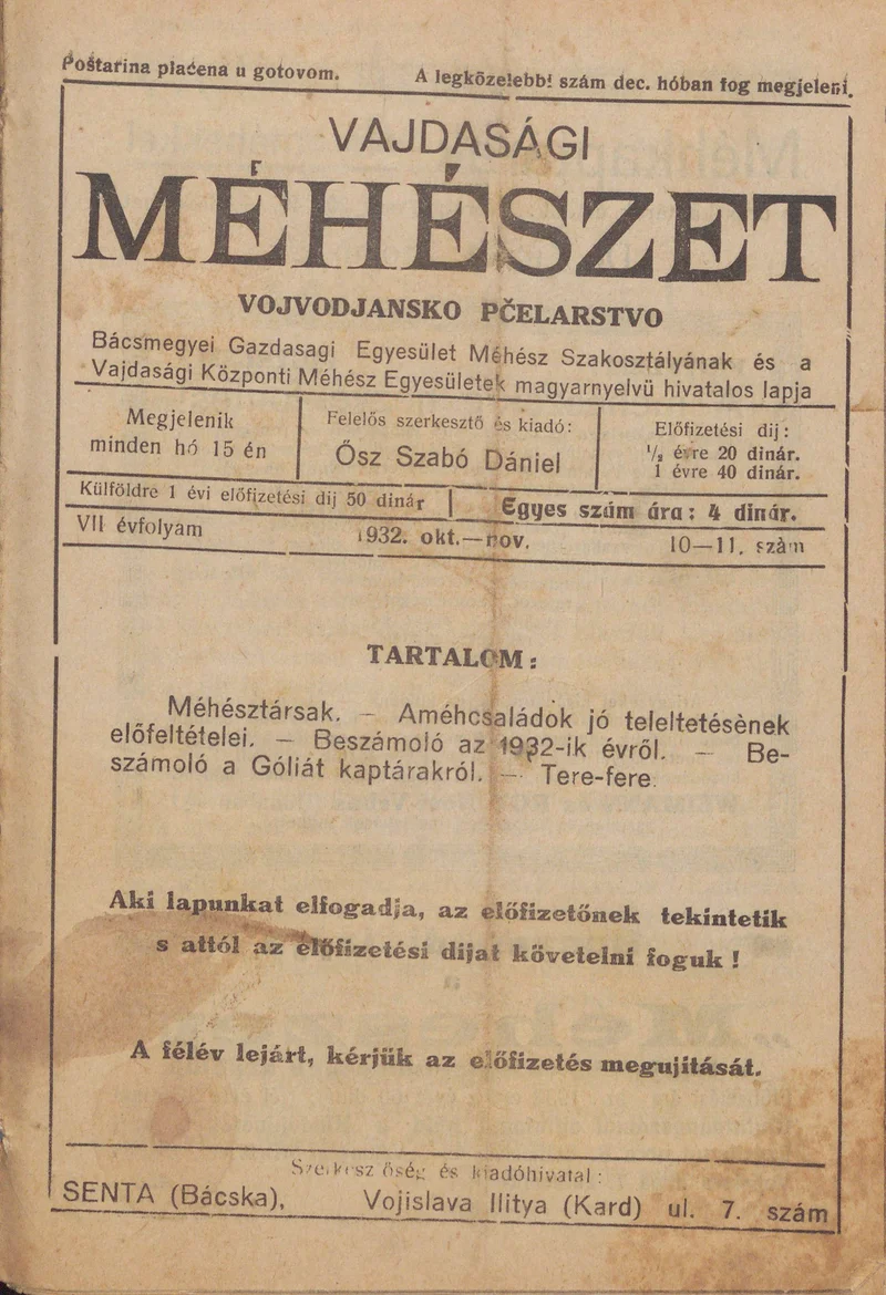 Vajdasági méhészet, 7. évf. 1932. október 1. – november 1. 10–11. sz.