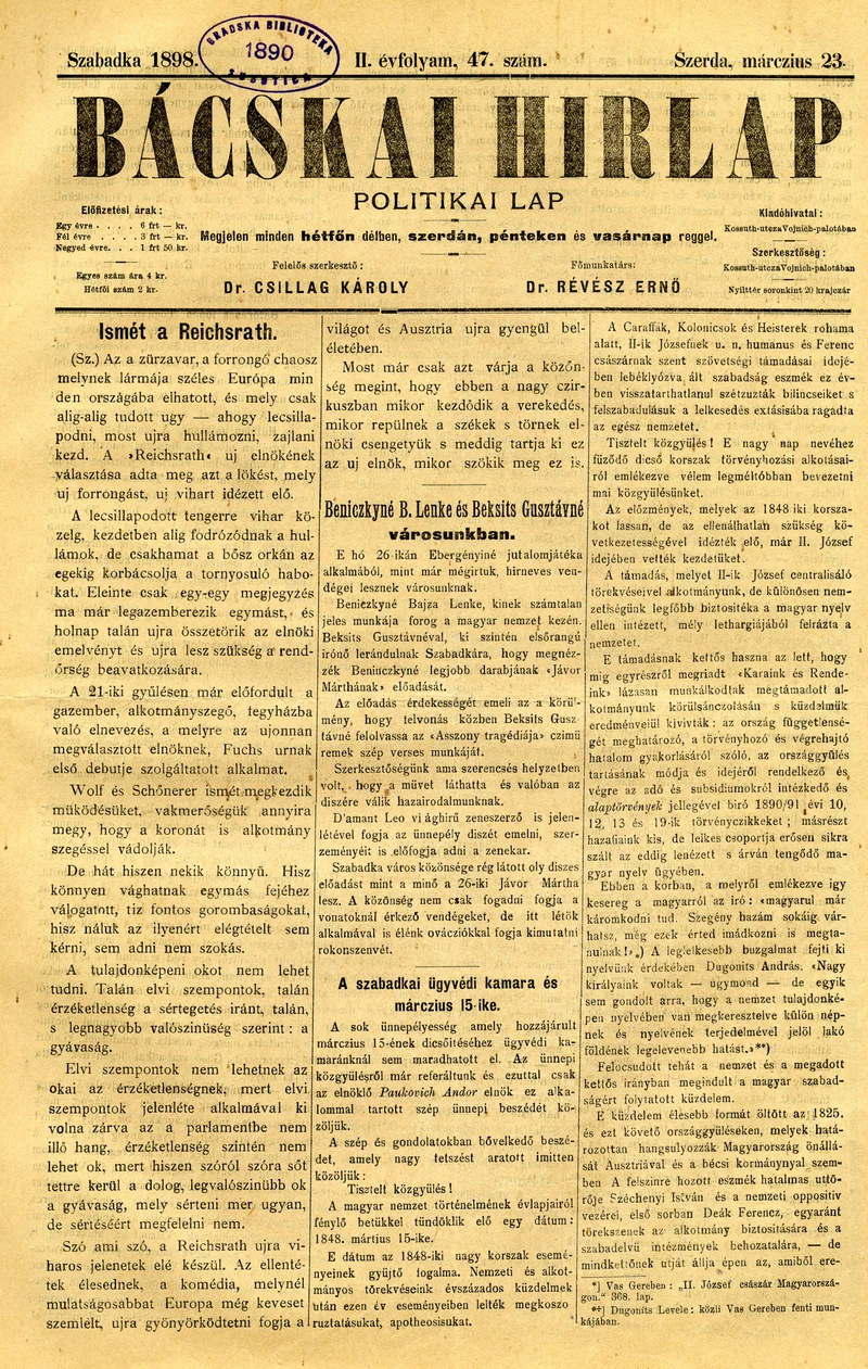Bácskai Hirlap, 2. évf. 1898. március 23. 47. sz. 1–4. oldal