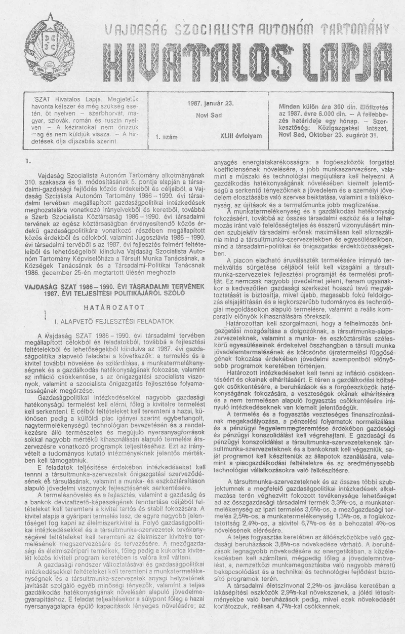 Vajdaság Szocialista Autonóm Tartomány Hivatalos Lapja, 44. évf. 1988. január 23. 2. sz.