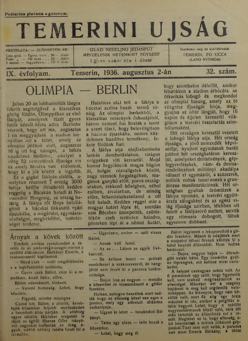 Temerini Újság 1928-1944, 9. évf. 1936. augusztus 2. 32. sz.
