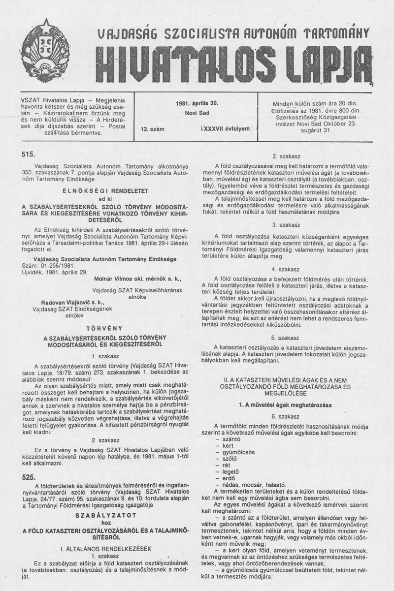 Vajdaság Szocialista Autonóm Tartomány Hivatalos Lapja, 37. évf. 1981. április 30. 12. sz.