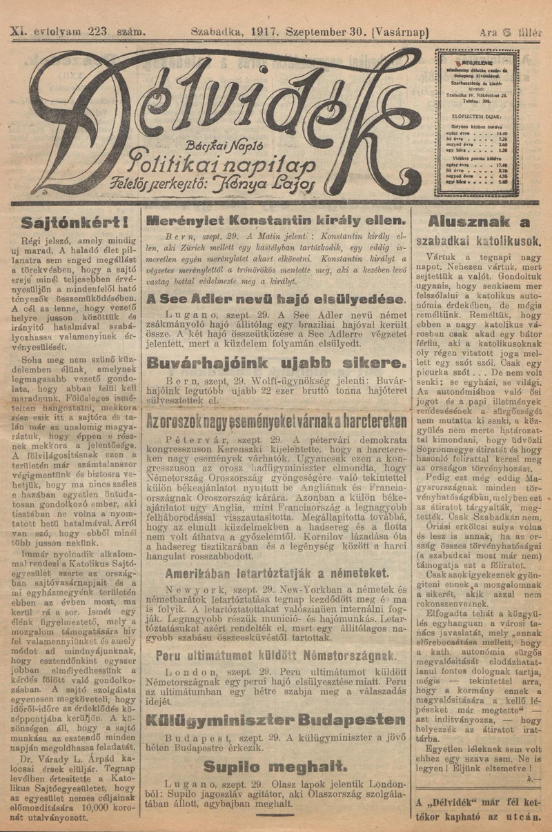 Délvidék, 11. évf. 1917. szeptember 30. 223. sz.