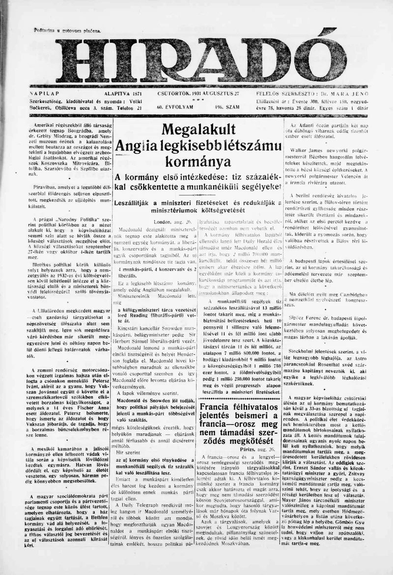 Híradó, 60. évf. 1931. augusztus 27. 196. sz.