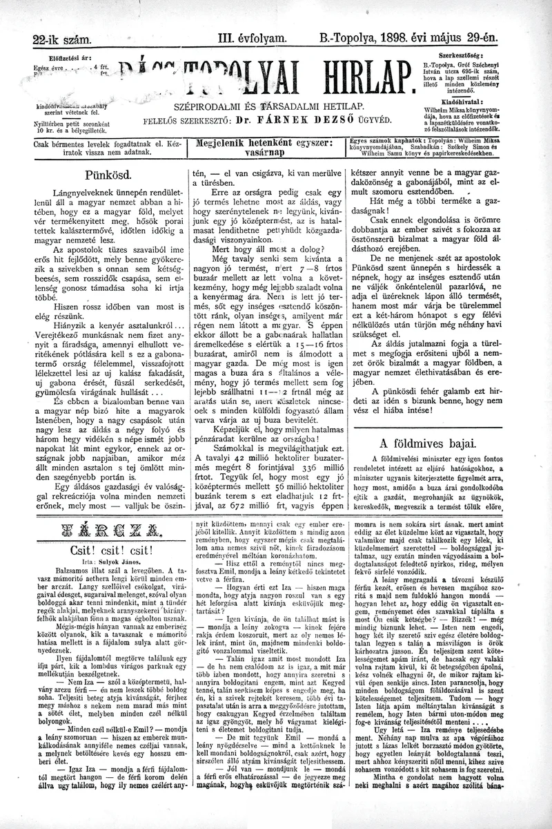 Bács-Topolyai Hirlap, 3. évf. 1898. május 29. 22. sz.