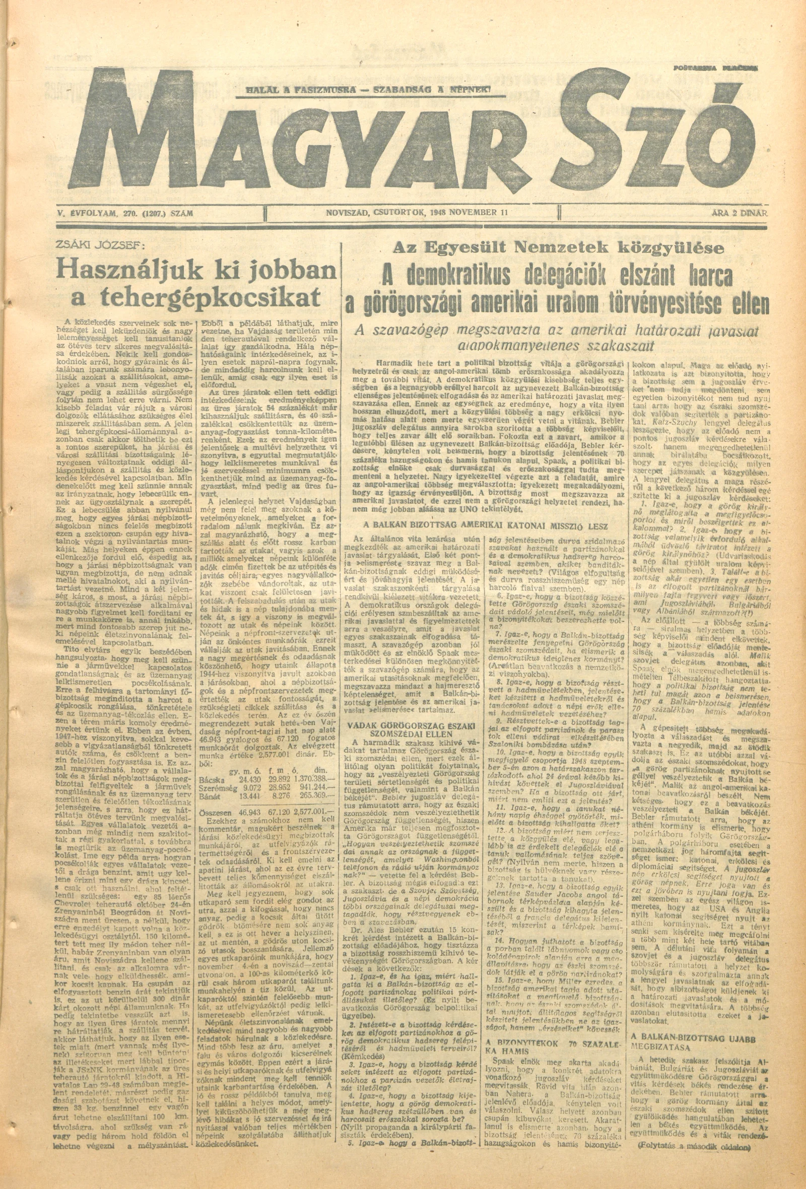 Magyar Szó, 5. évf. 1948. november 11. 270. sz.