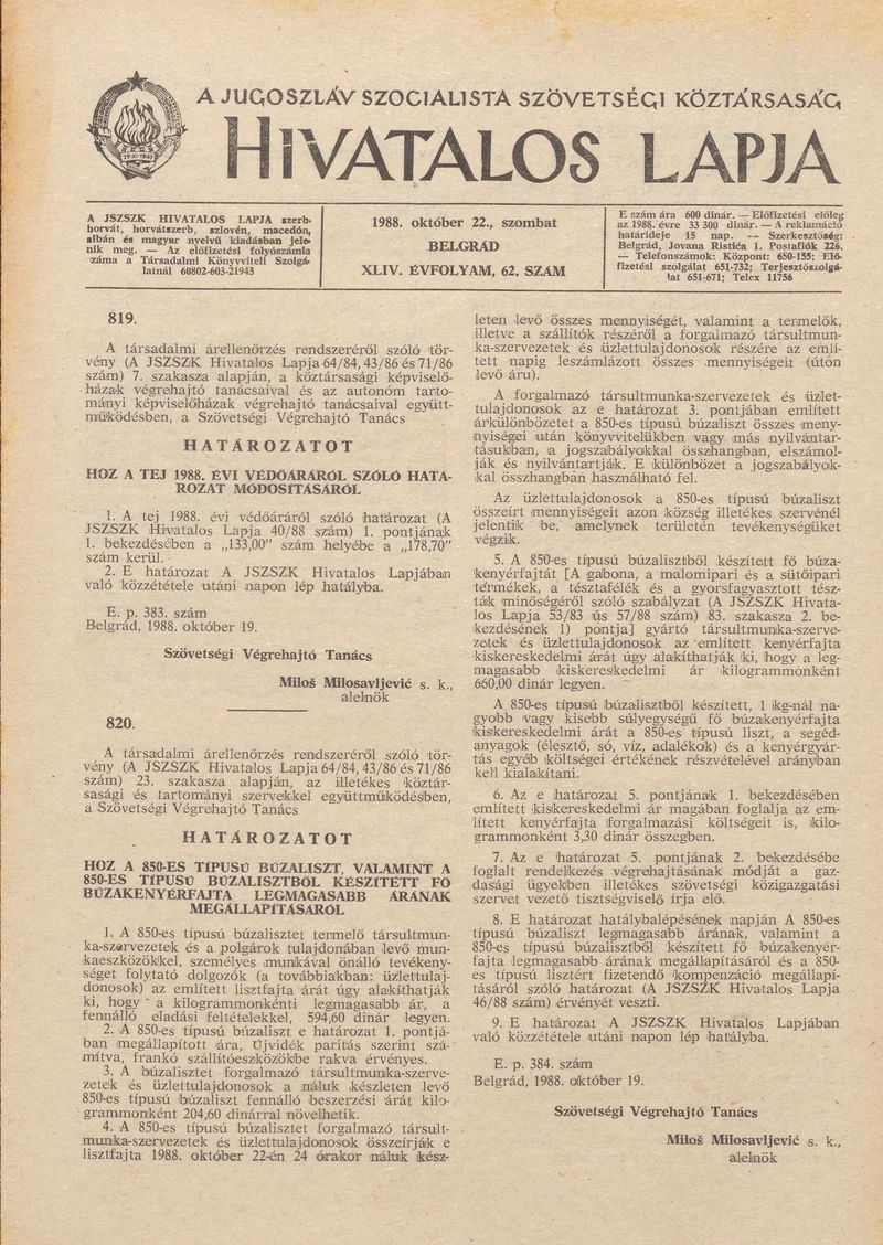 A Jugoszláv Szocialista Szövetségi Köztársaság Hivatalos Lapja, 44. évf. 1988. október 22. 62. sz. 1589–1592. oldal