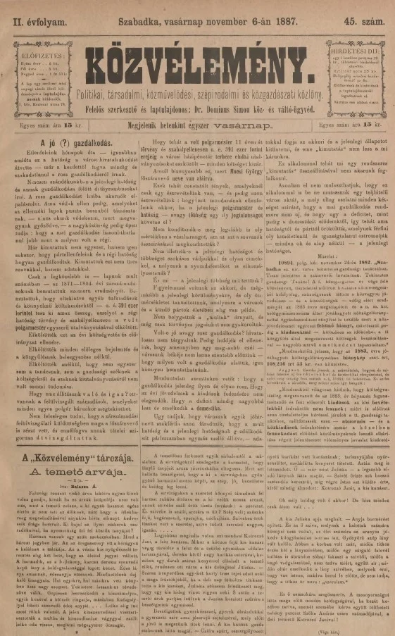 Közvélemény, 2. évf. 1887. november 6. 45. sz.
