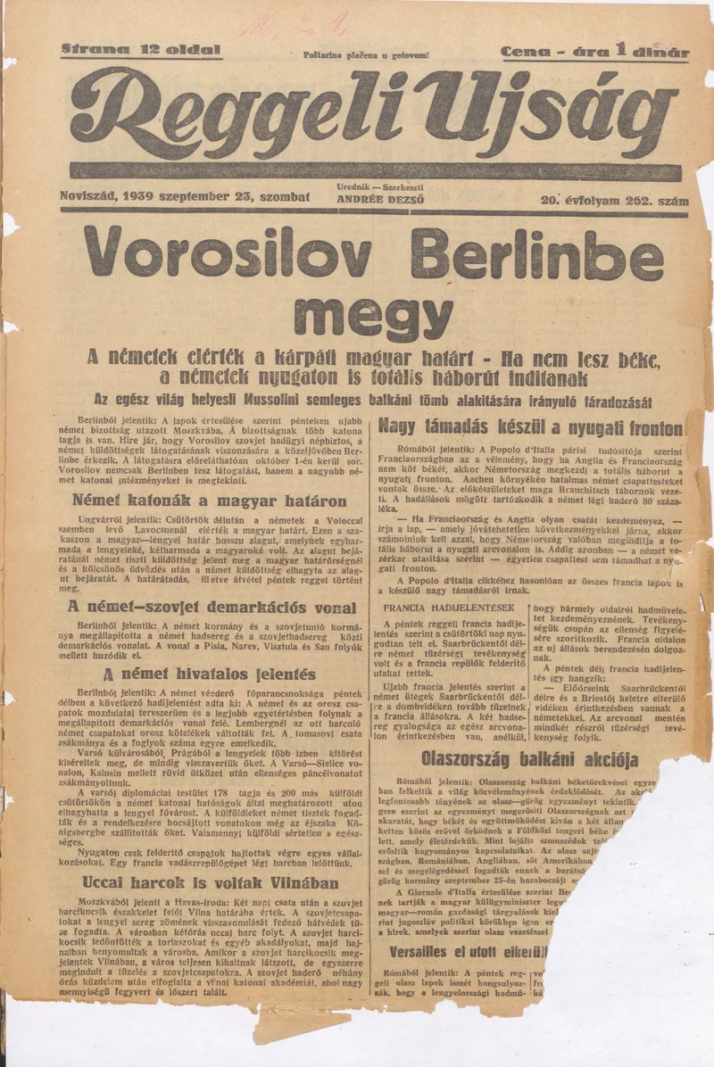 Reggeli Újság, 20. évf. 1939. szeptember 23. 262. sz.