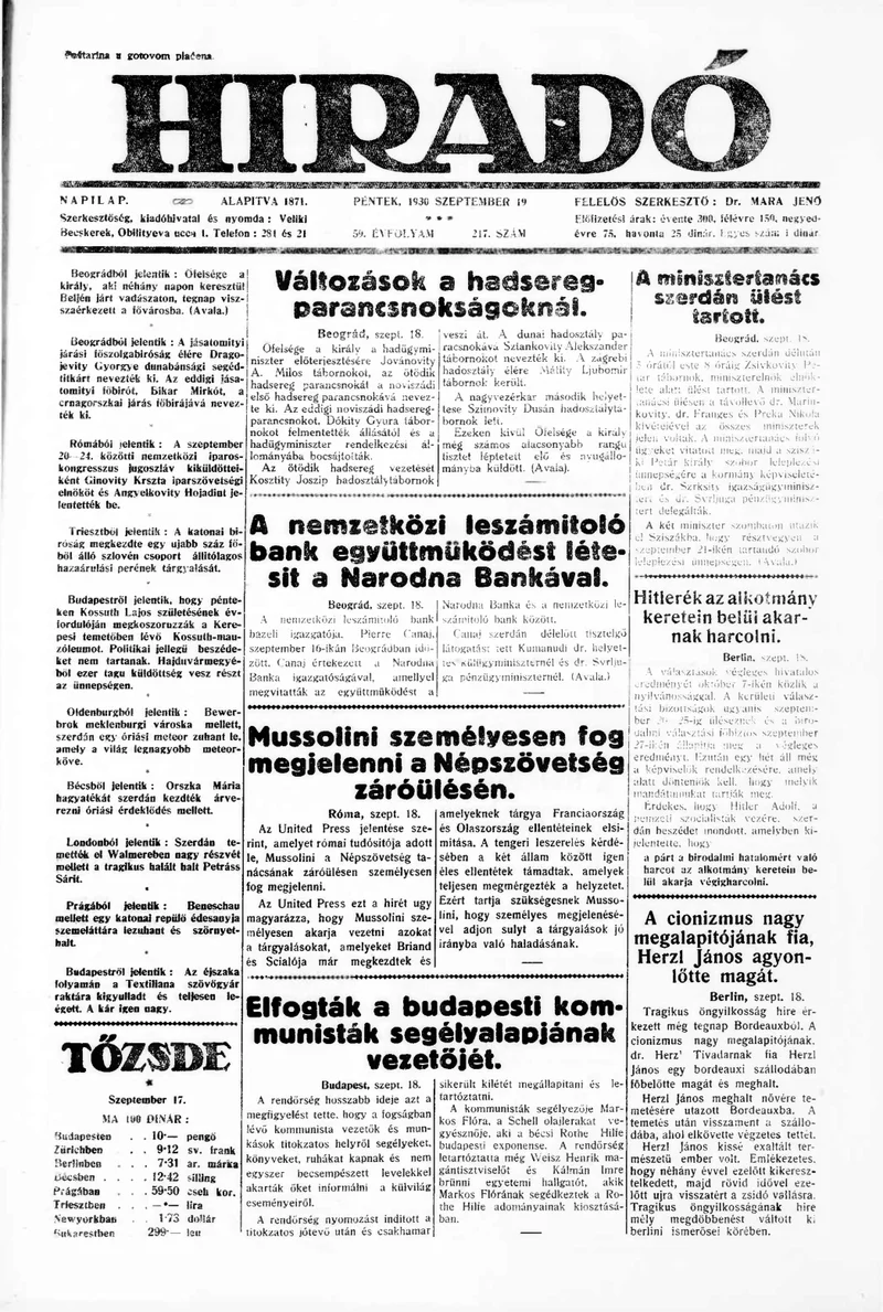 Híradó, 59. évf. 1930. szeptember 19. 217. sz.