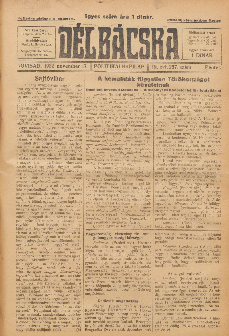 Délbácska, 3. évf. 1922. november 17. 257. sz.