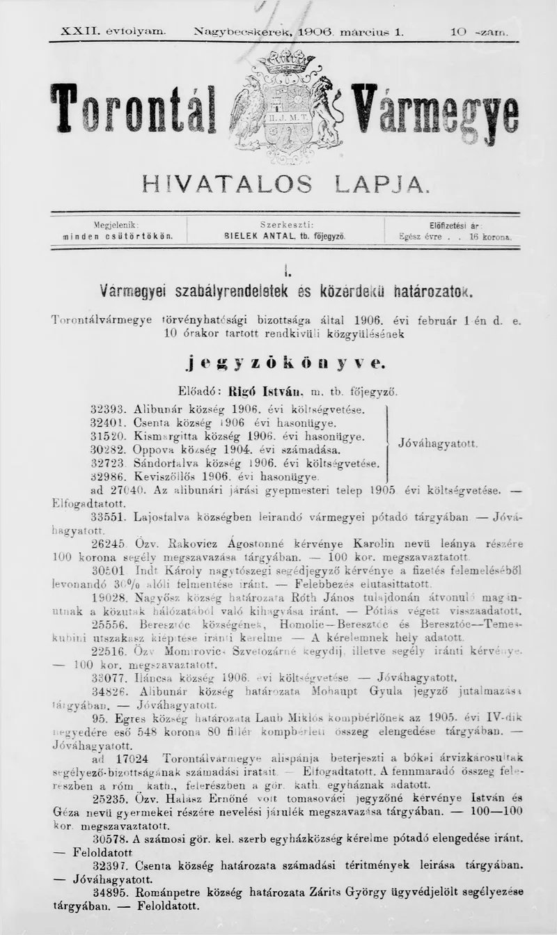 Torontál Vármegye Hivatalos Lapja, 22. évf. 1906. március 1. 10. sz.