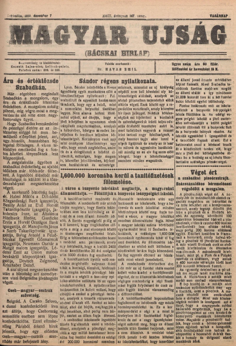 Bácskai Hirlap, 23. évf. 1919. december 7. 147. sz.