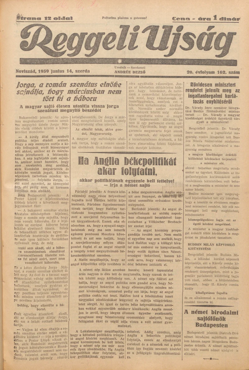 Reggeli Újság, 20. évf. 1939. június 14. 162. sz.