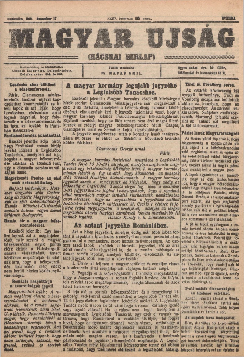 Bácskai Hirlap, 23. évf. 1919. december 17. 155. sz.