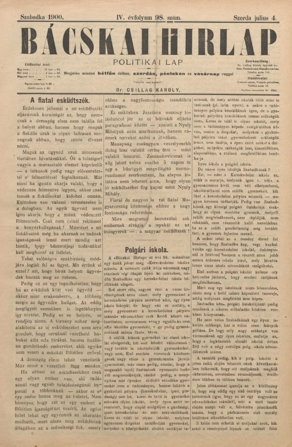 Bácskai Hirlap, 4. évf. 1900. július 4. 98. sz.