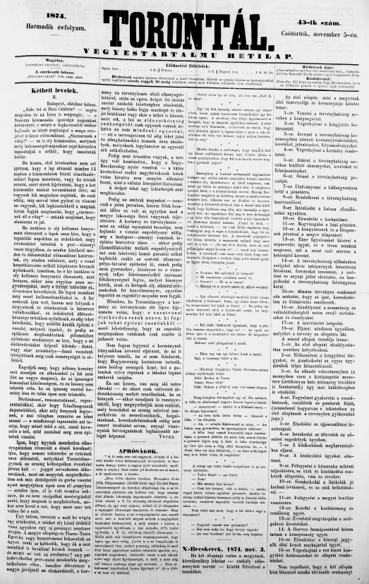 Torontál, 3. évf. 1874. november 5. 45. sz.