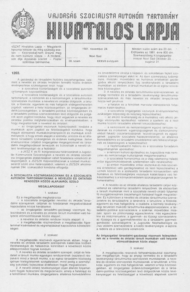 Vajdaság Szocialista Autonóm Tartomány Hivatalos Lapja, 37. évf. 1981. november 24. 30. sz.