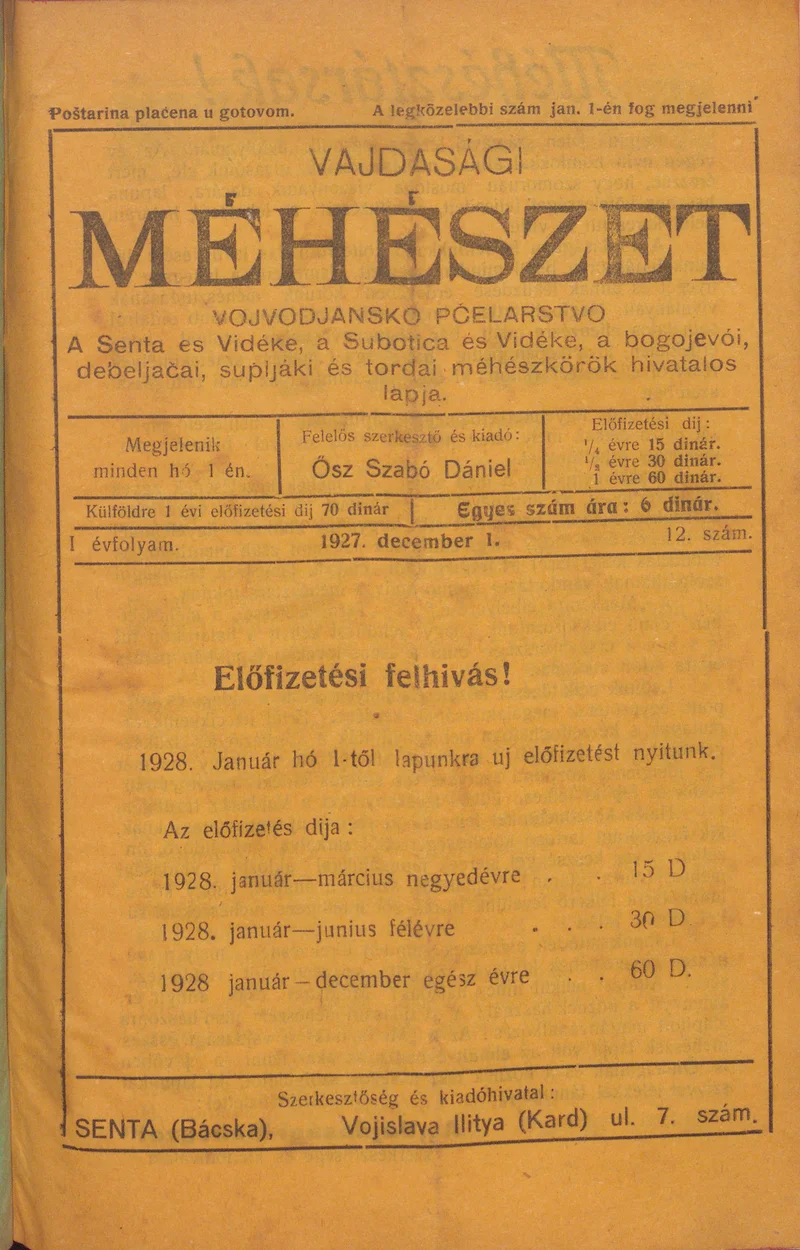 Vajdasági méhészet, 2. évf. 1927. december 1. 12. sz.