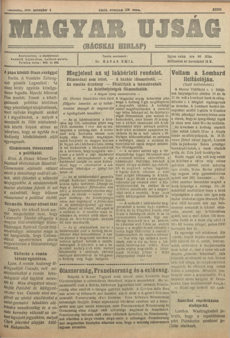 Bácskai Hirlap, 23. évf. 1919. november 4. 120. sz.