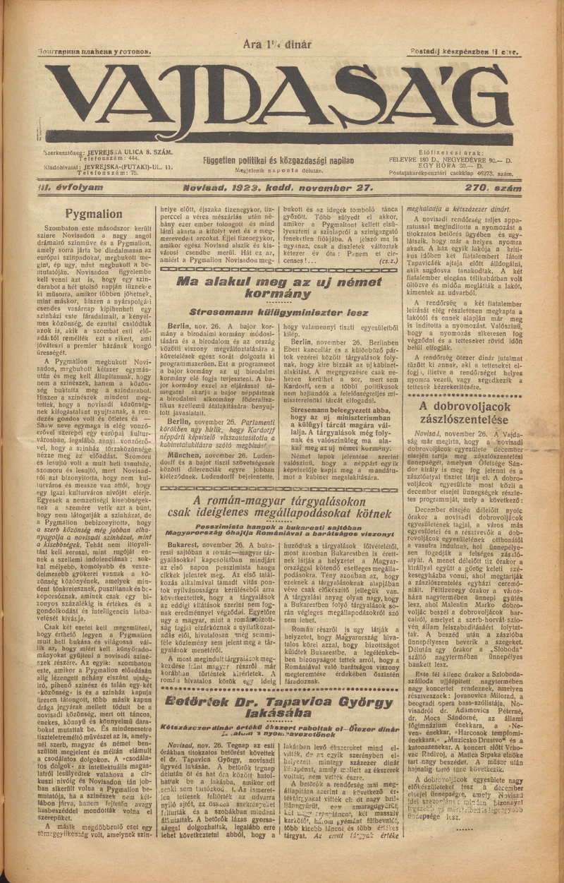 Vajdaság, 3. évf. 1923. november 27. 270. sz.