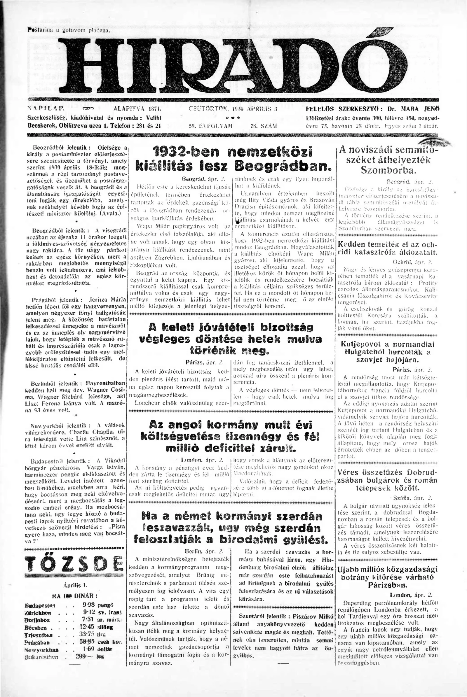 Híradó, 59. évf. 1930. április 3. 78. sz.