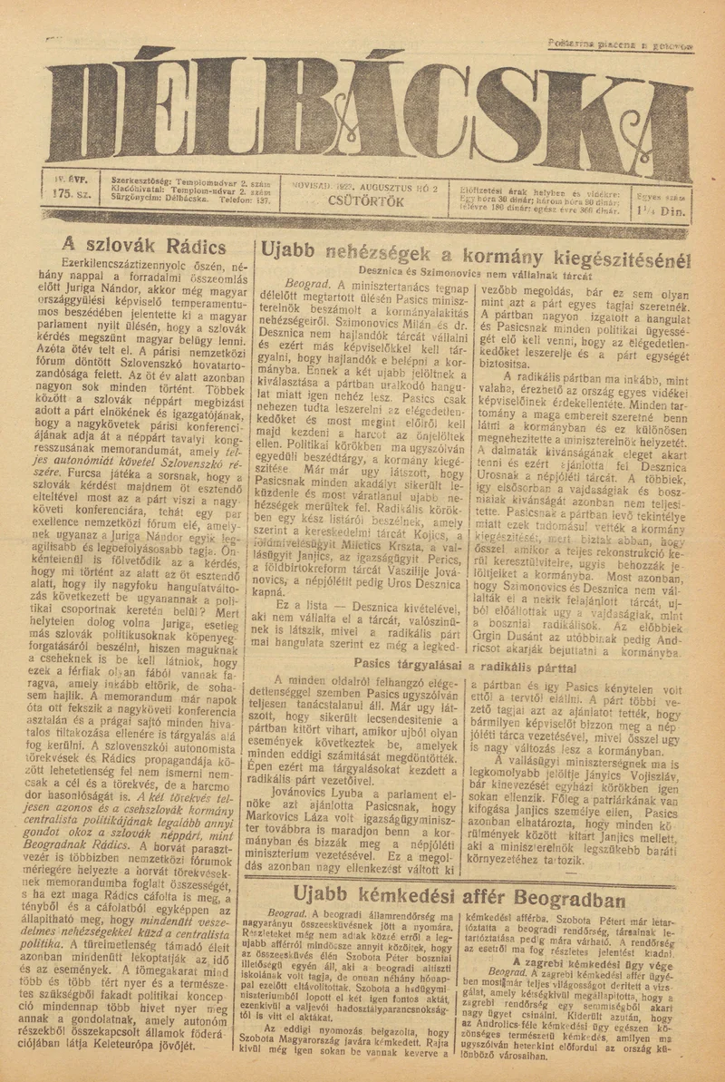 Délbácska, 4. évf. 1923. augusztus 2. 175. sz.