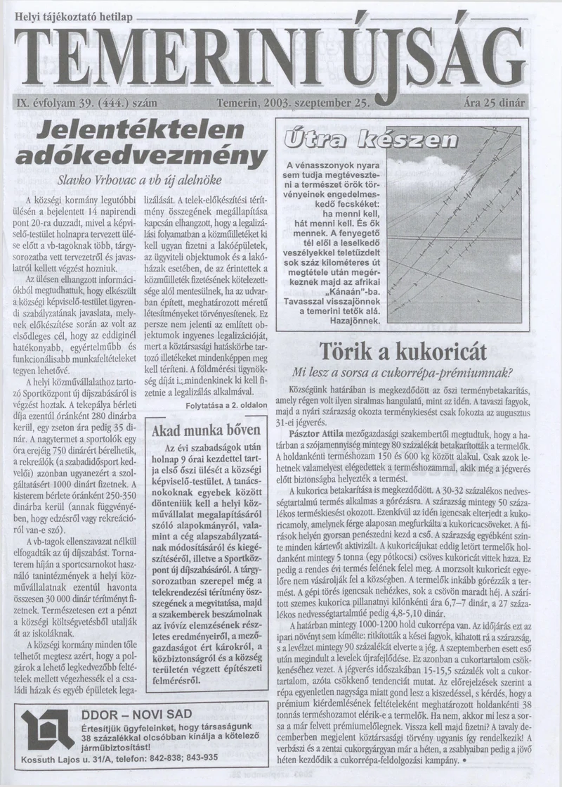 Temerini Újság, 9. évf. 2003. szeptember 25. 39. sz.