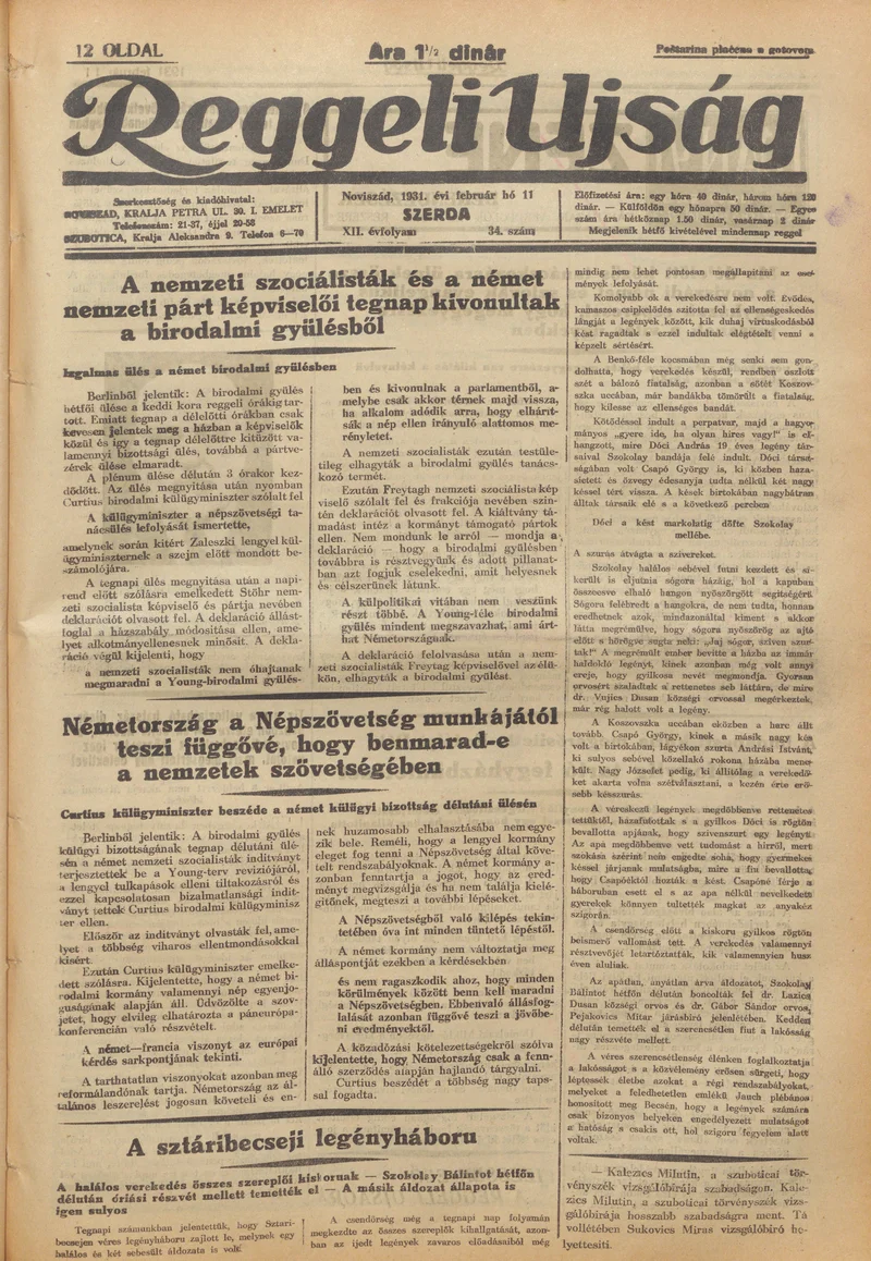 Reggeli Újság, 12. évf. 1931. február 11. 34. sz.