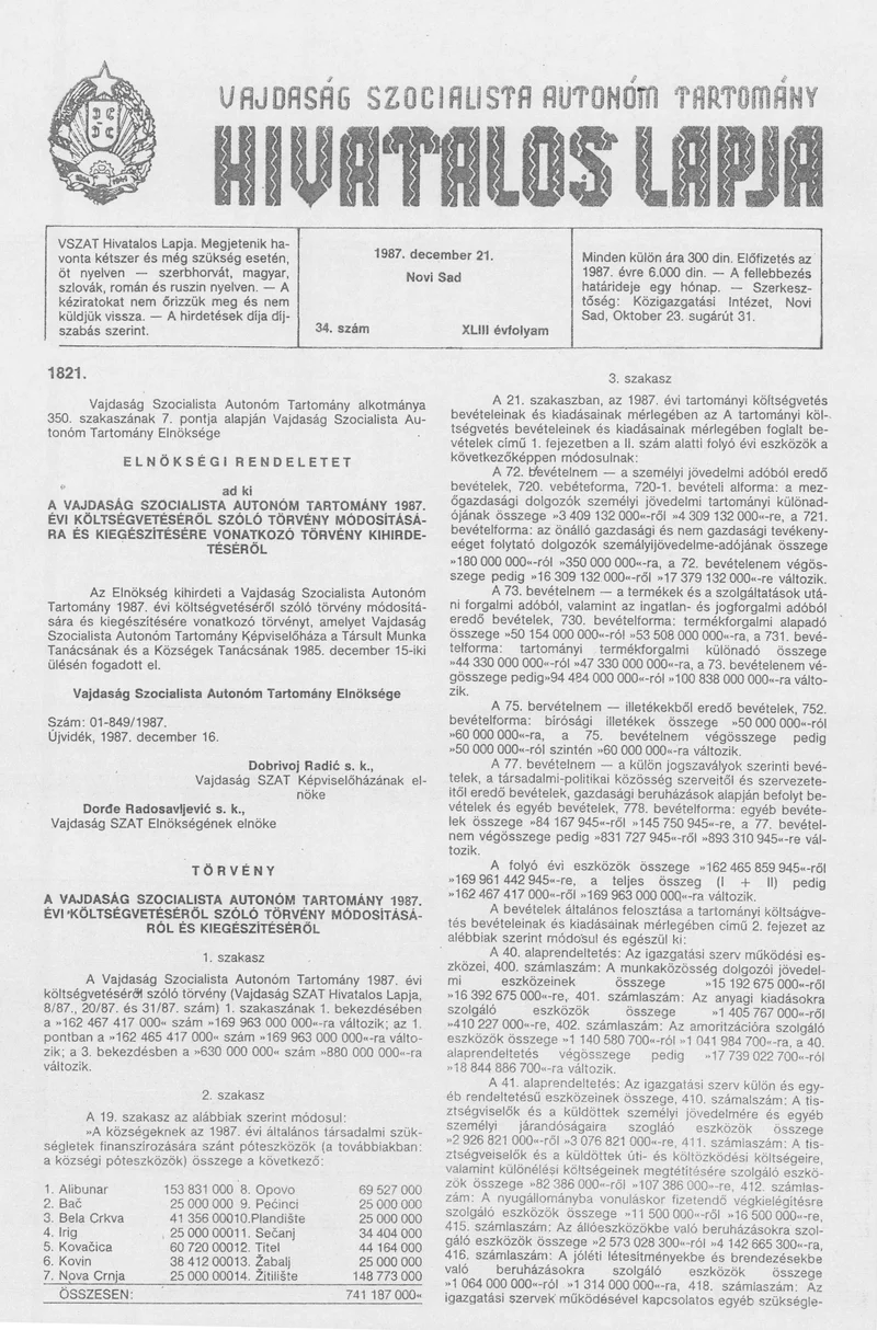 Vajdaság Szocialista Autonóm Tartomány Hivatalos Lapja, 43. évf. 1987. december 21. 34. sz.