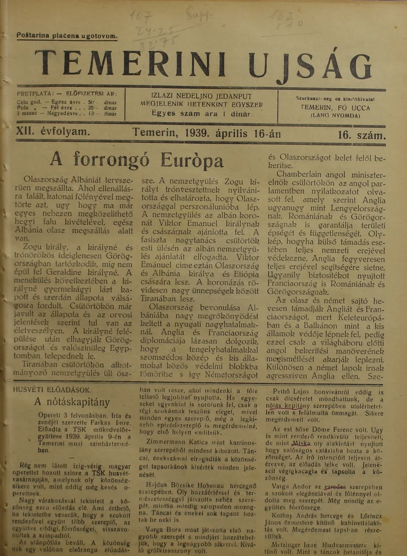 Temerini Újság 1928-1944, 12. évf. 1939. április 16. 16. sz.