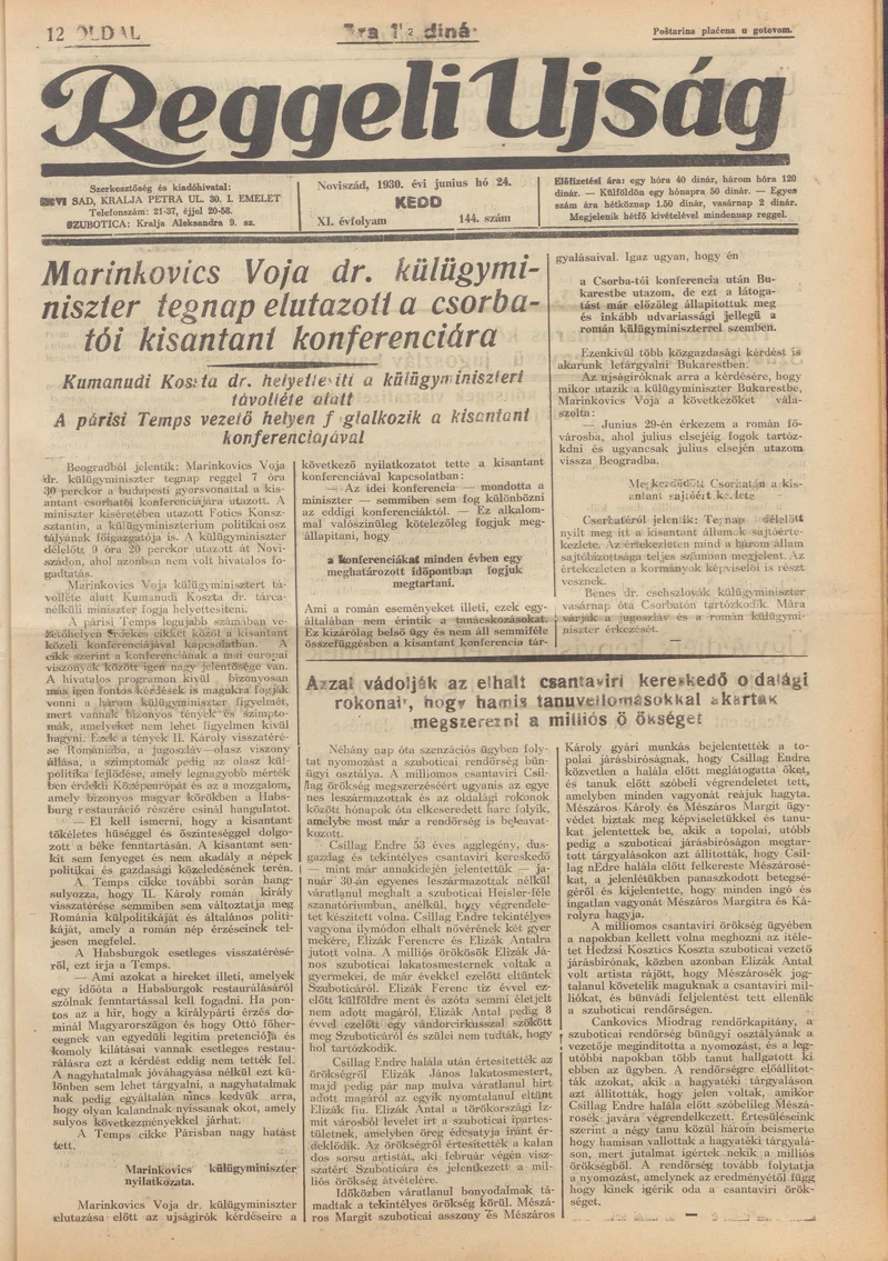Reggeli Újság, 11. évf. 1930. június 24. 144. sz.