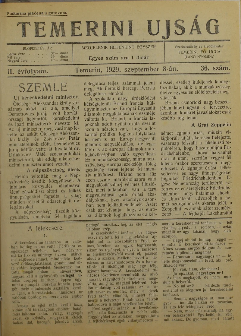 Temerini Újság 1928-1944, 2. évf. 1929. szeptember 8. 36. sz.