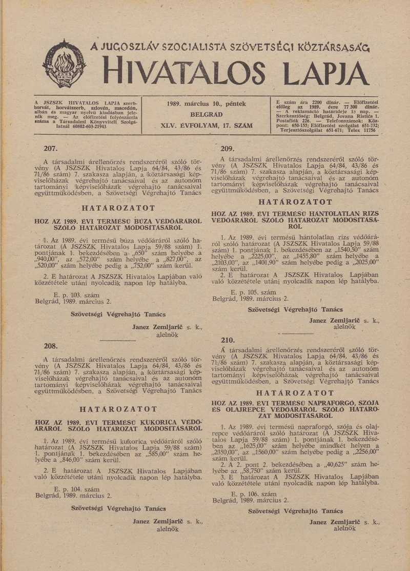 A Jugoszláv Szocialista Szövetségi Köztársaság Hivatalos Lapja, 45. évf. 1989. március 10. 17. sz. 437–460. oldal